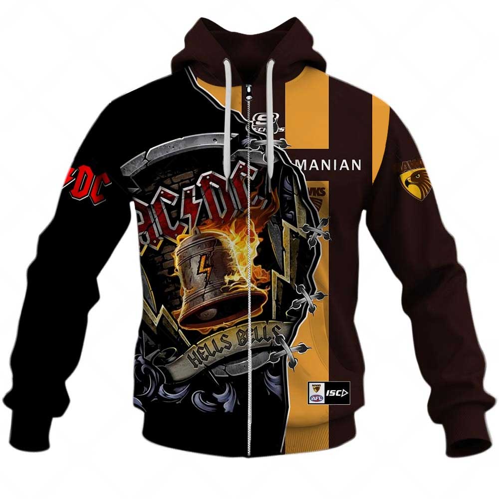 Afl Hawthorn Hawks Ac/Dc Mix Custom Name Number Home Guernsey Zip Up Hoodie