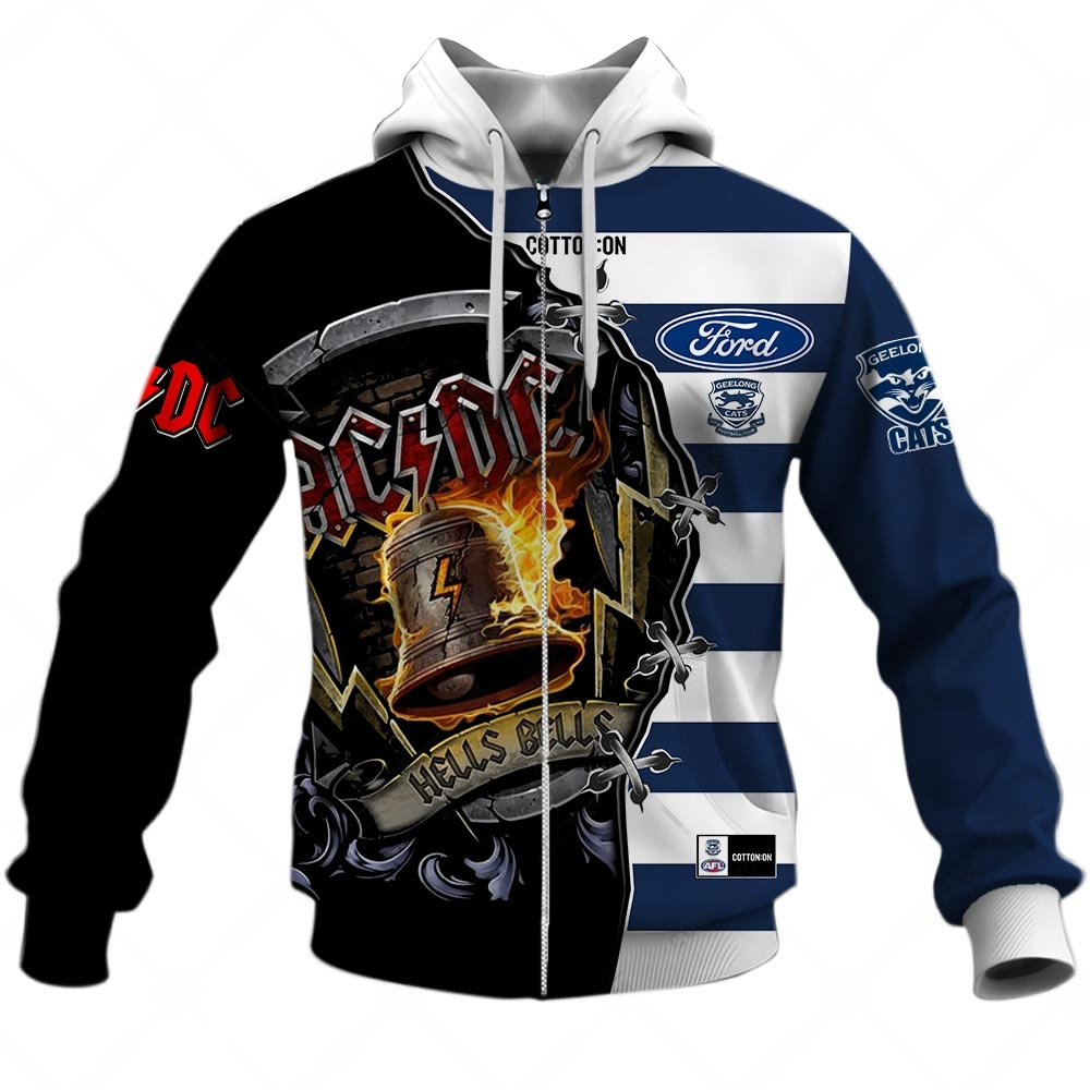 Afl Geelong Cats Ac/Dc Mix Custom Name Number Home Guernsey Zip Up Hoodie