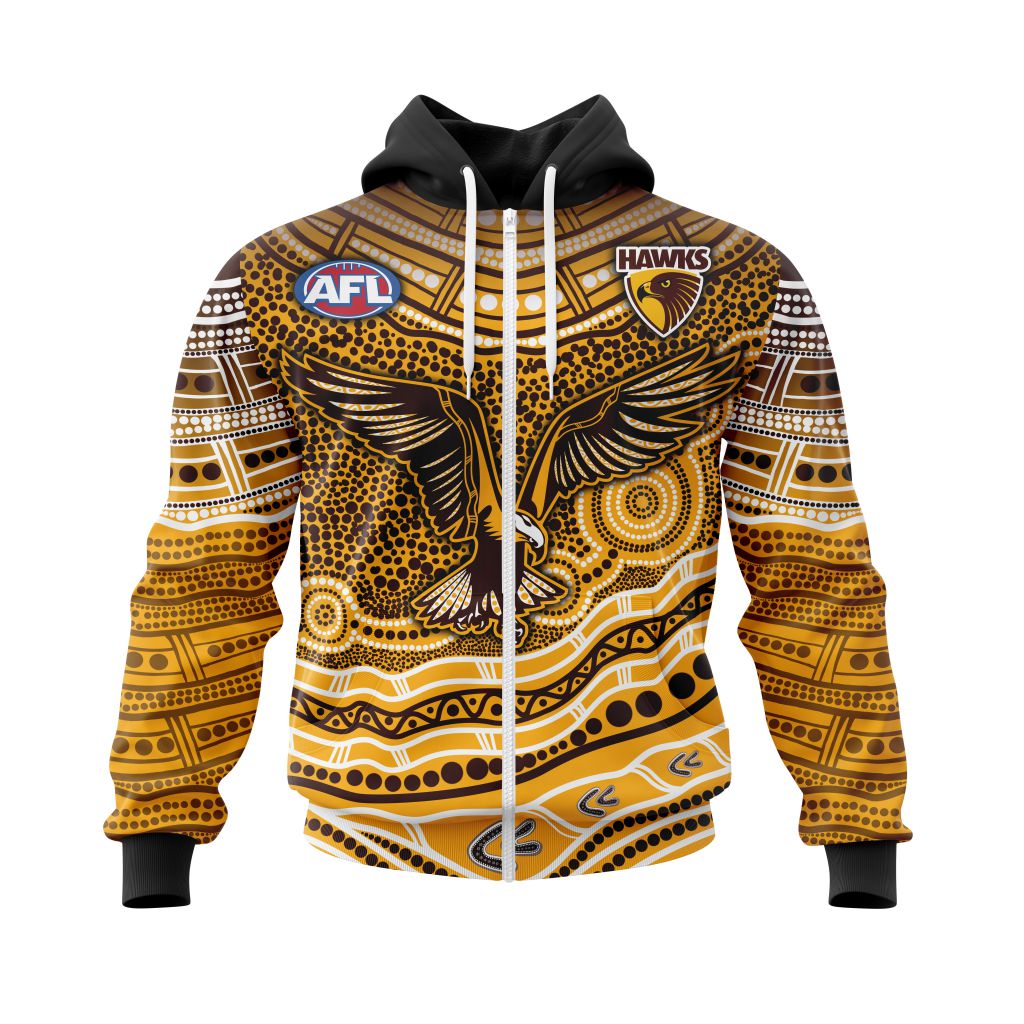Afl Hawthorn Hawks Custom Name Number Indigenous Mascot Zip Up Hoodie
