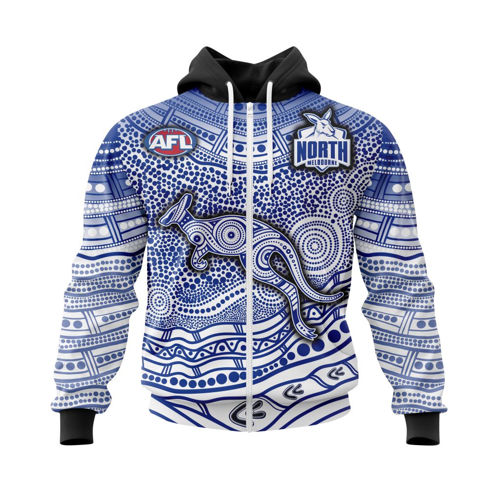 Afl North Melbourne Kangaroos Custom Name Number Indigenous Mascot Zip Up Hoodie