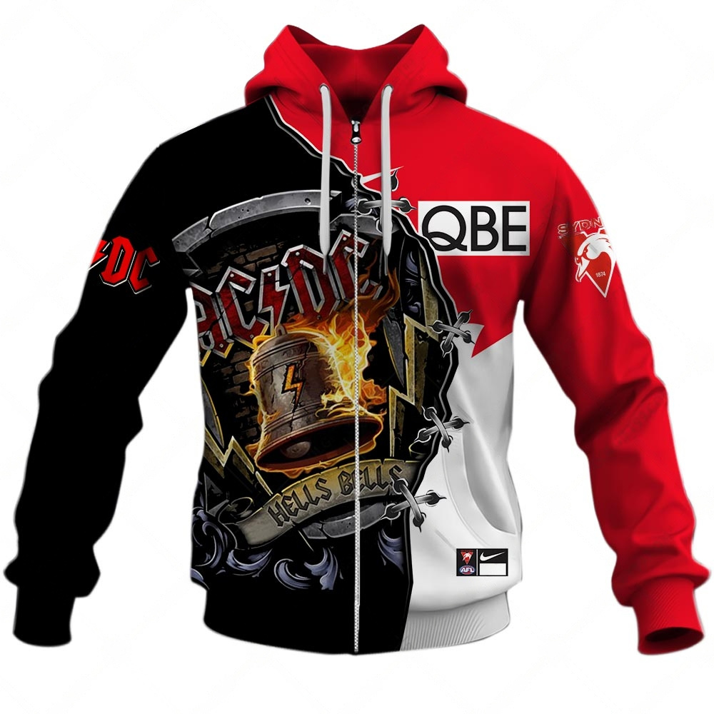 Afl Sydney Swans Ac/Dc Mix Custom Name Number Home Guernsey Zip Up Hoodie