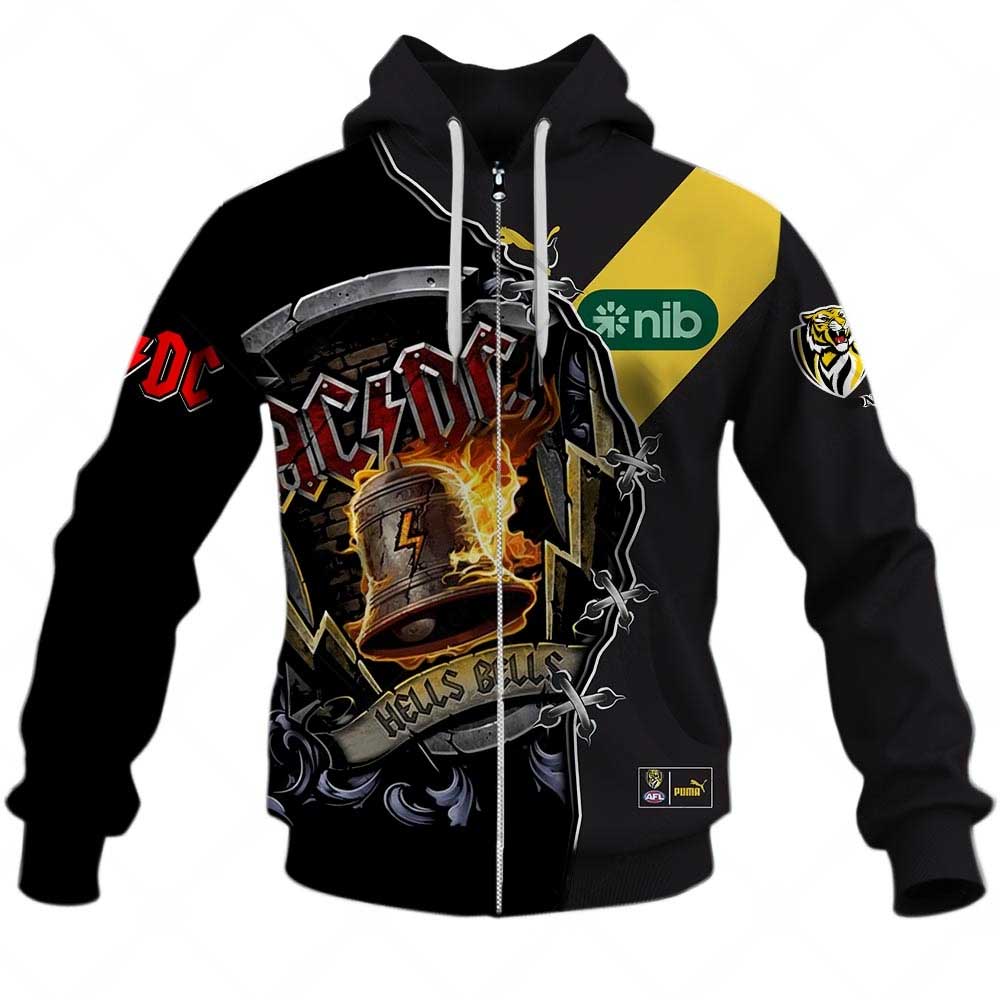 Afl Richmond Tigers Ac/Dc Mix Custom Name Number Home Guernsey Zip Up Hoodie