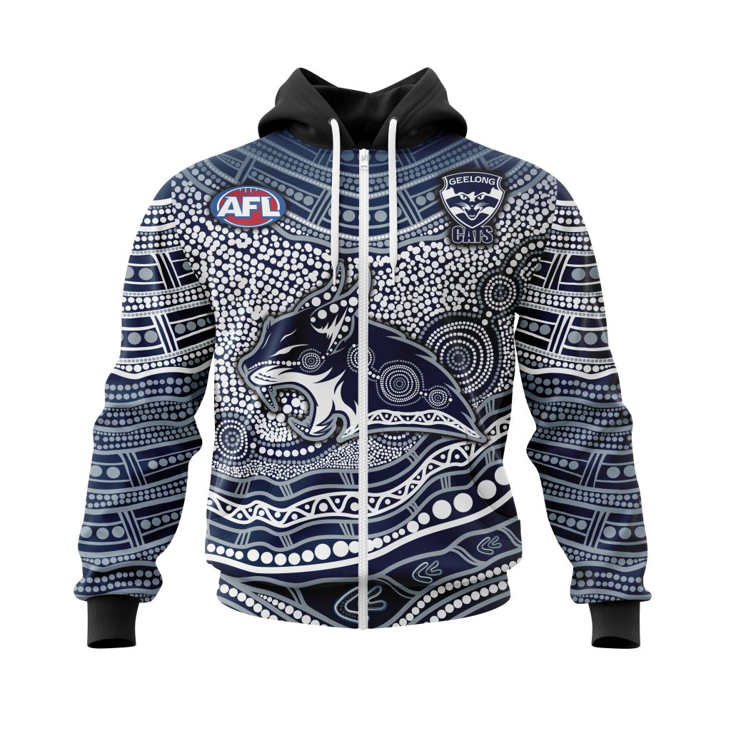 Afl Geelong Cats Custom Name Number Indigenous Mascot Zip Up Hoodie