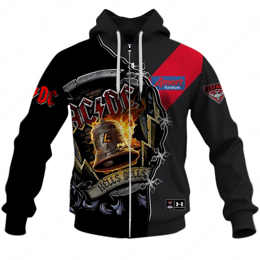 Afl Essendon Bombers Ac/Dc Mix Custom Name Number Home Guernsey Zip Up Hoodie