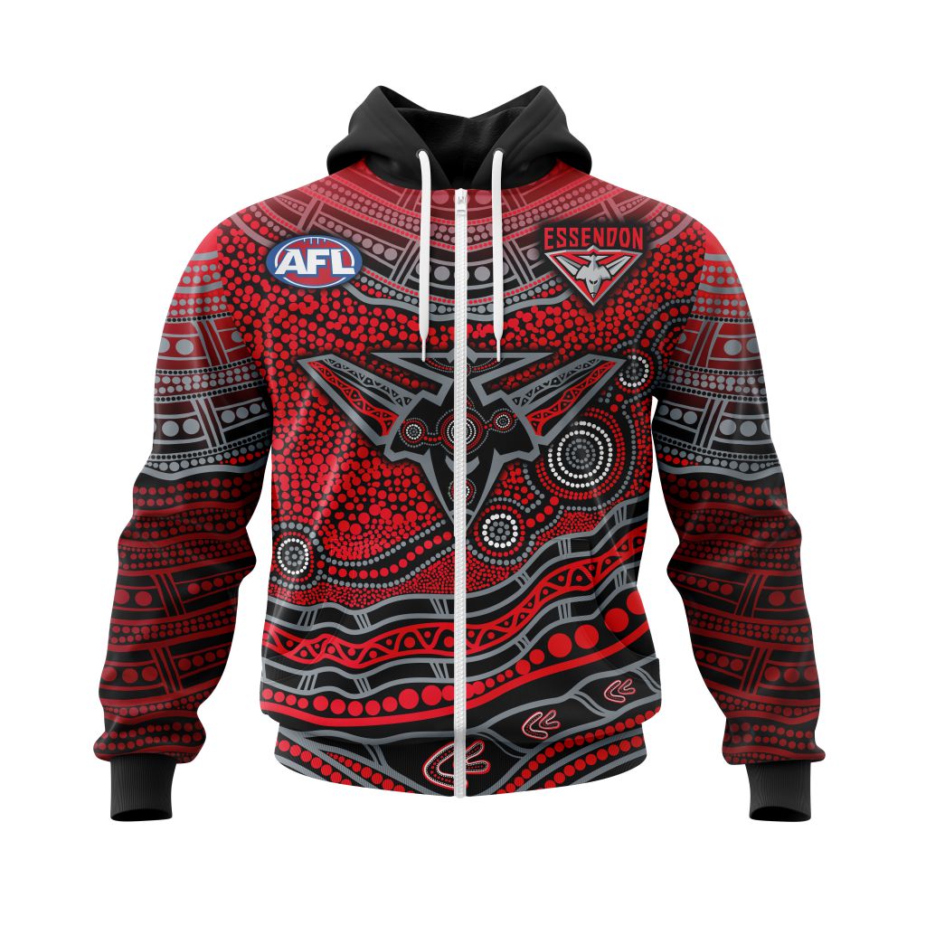 Afl Essendon Bombers Custom Name Number Indigenous Mascot Zip Up Hoodie
