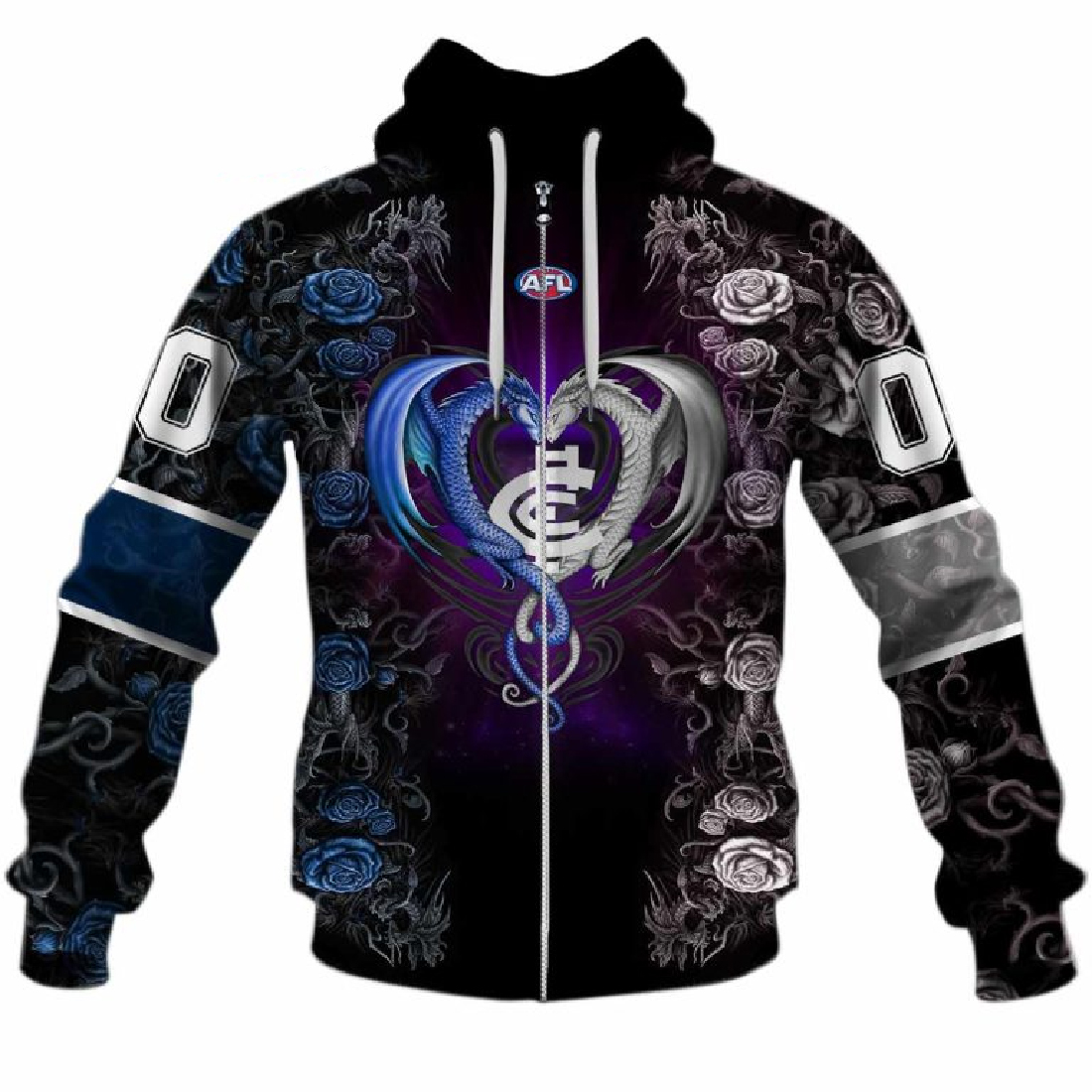 Afl Carlton Blues Custom Name Number Rose Dragon Zip Up Hoodie