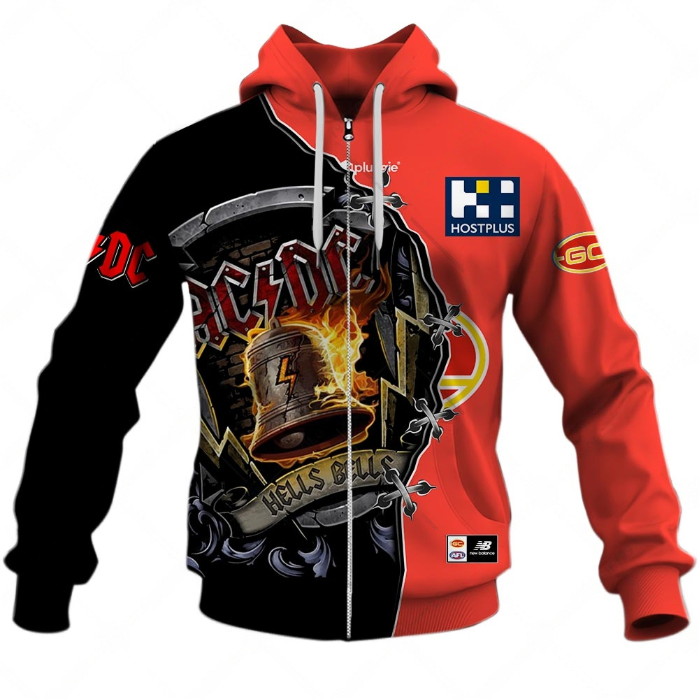 Afl Gold Coast Suns Ac/Dc Mix Custom Name Number Home Guernsey Zip Up Hoodie