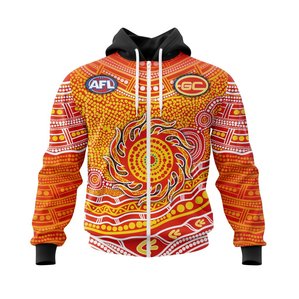 Afl Gold Coast Suns Custom Name Number Indigenous Mascot Zip Up Hoodie