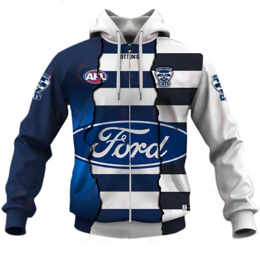 Afl Geelong Cats Custom Name Number Mix Guernsey Zip Up Hoodie