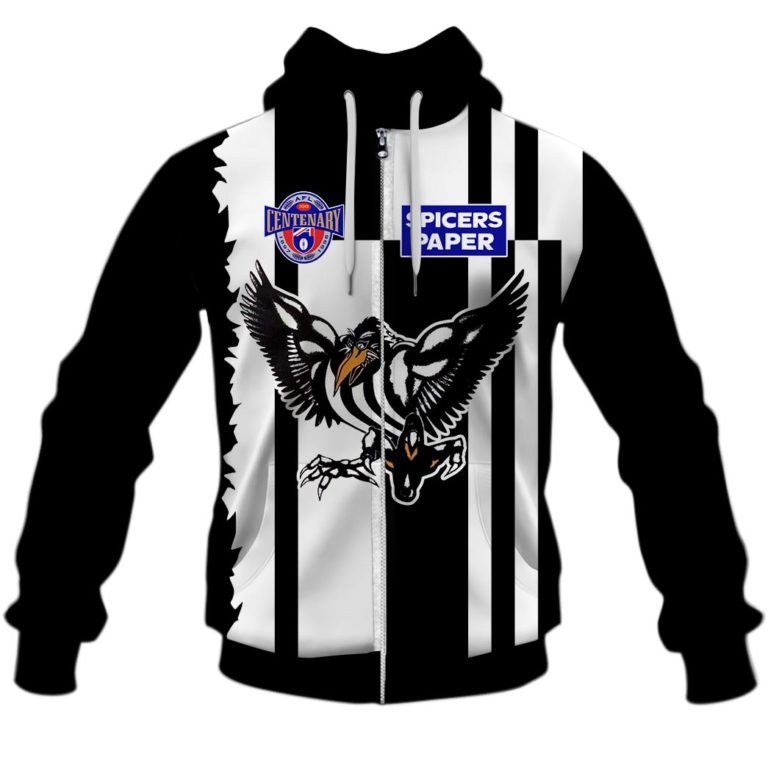 Afl Collingwood Magpies Custom Name Number 90S Vintage Centenary Guernsey Zip Up Hoodie