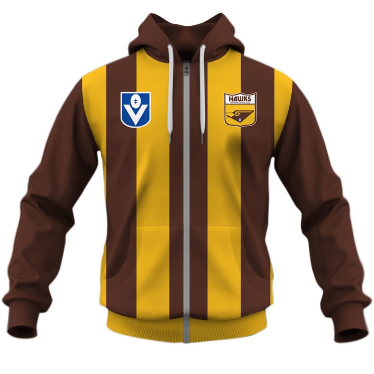 Afl Hawthorn Hawks Custom Name Number 90S Vintage Retro Guernsey Zip Up Hoodie