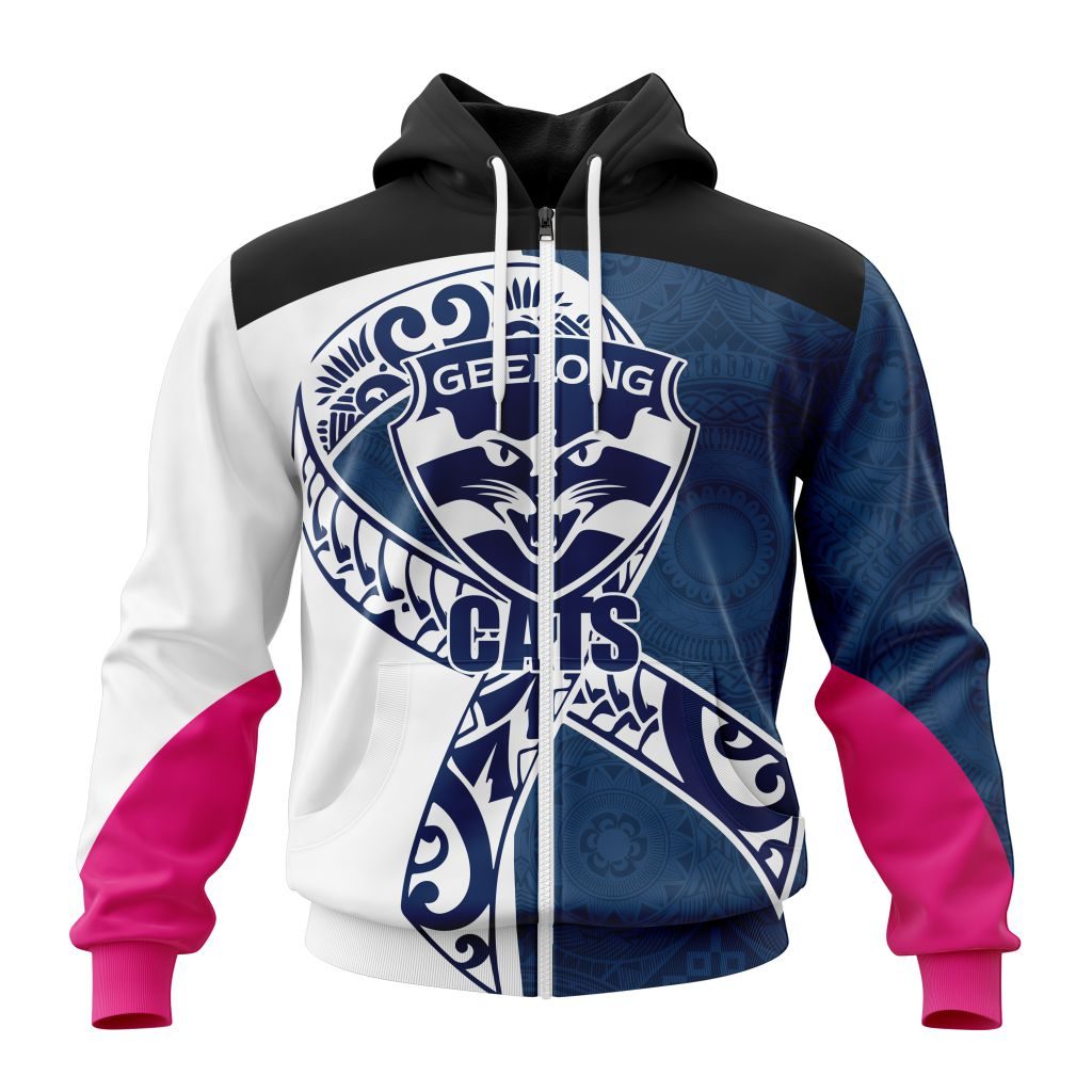 Afl Geelong Cats Custom Name Number Fight Cancer Zip Up Hoodie