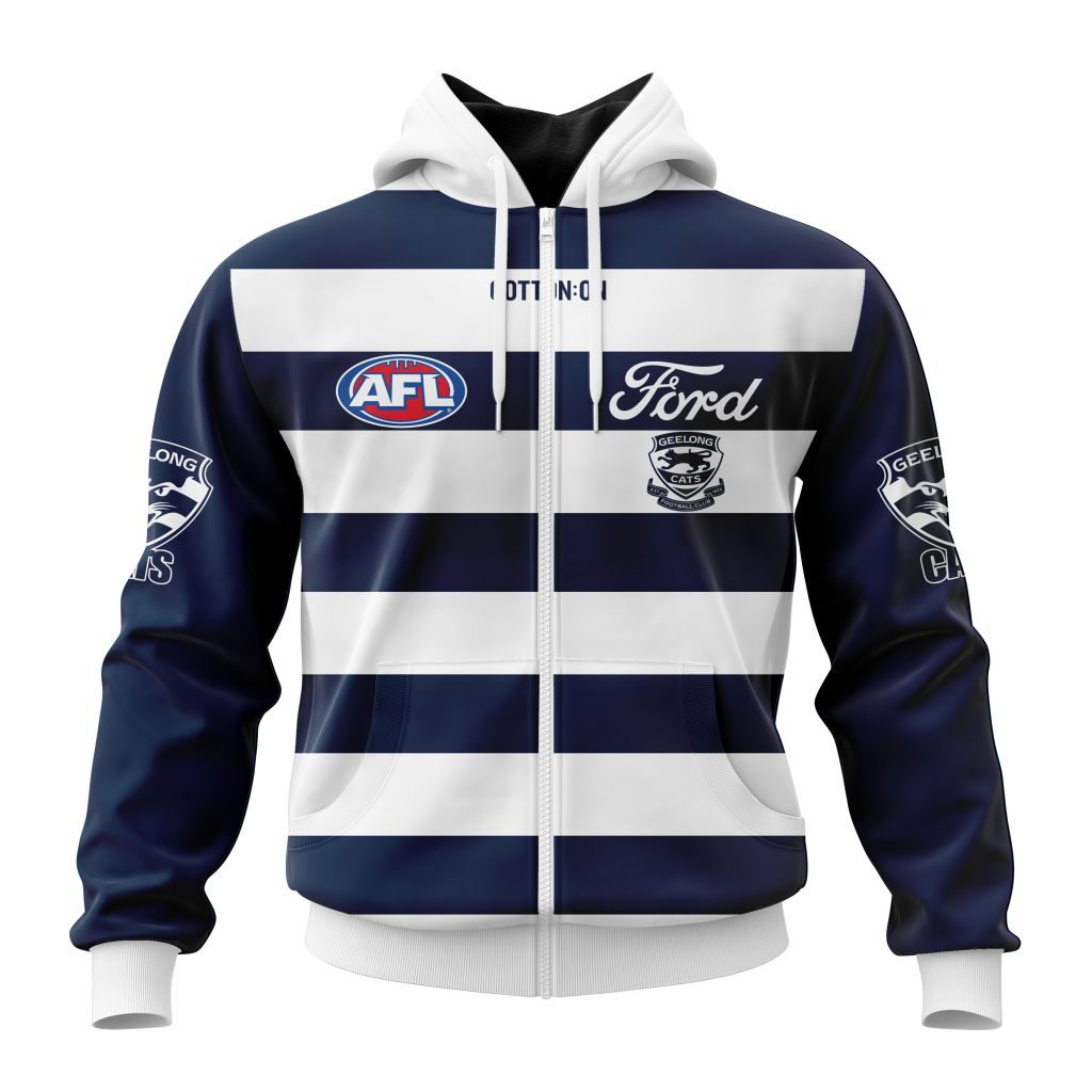 Afl Geelong Cats Custom Name Number Home Guernsey Zip Up Hoodie