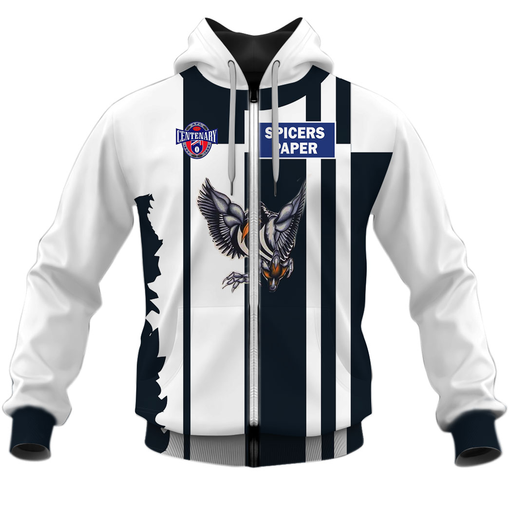 Afl Collingwood Magpies Custom Name Number Vintage Centenary Guernsey Zip Up Hoodie