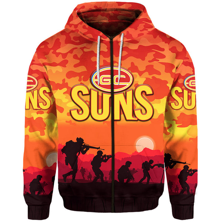 Afl Gold Coast Suns Custom Name Number Anzac Simple Style Zip Up Hoodie
