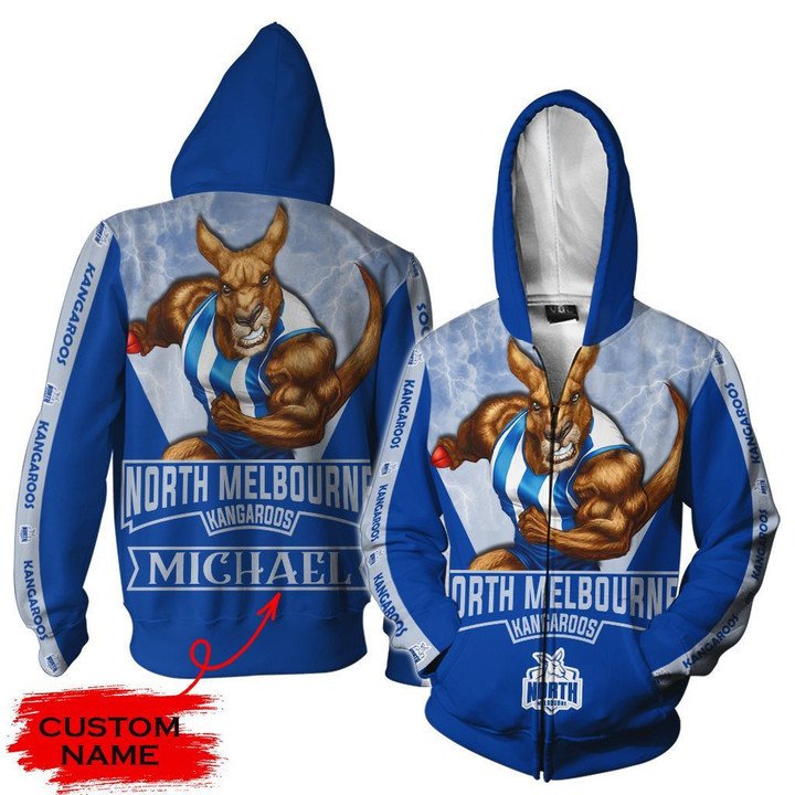 Afl North Melbourne Kangaroos Custom Name Mascot Zip Up Hoodie