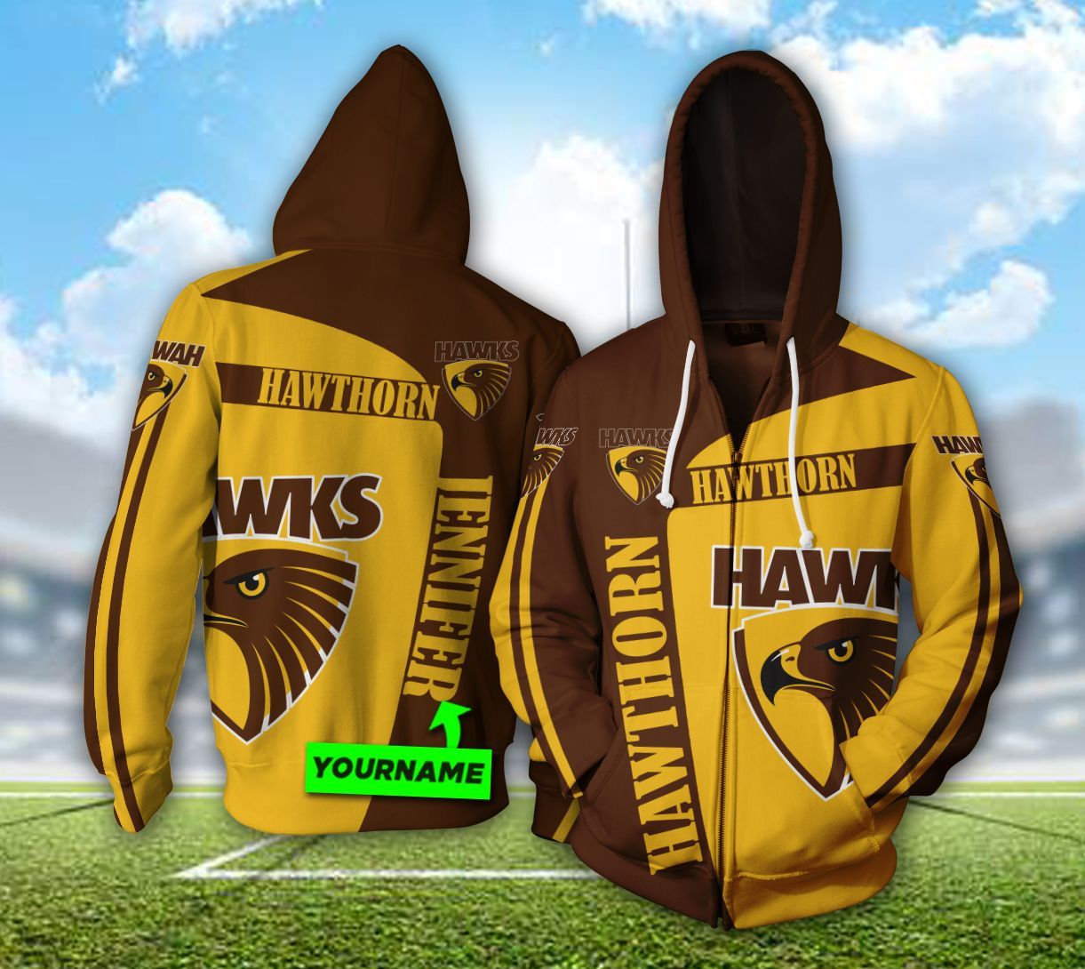 Afl Hawthorn Hawks Custom Name Brown Gold Zip Up Hoodie