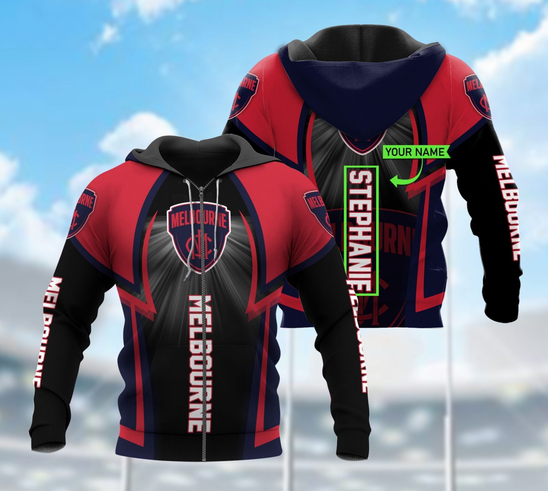 Afl Melbourne Demons Custom Name Red Black Zip Up Hoodie