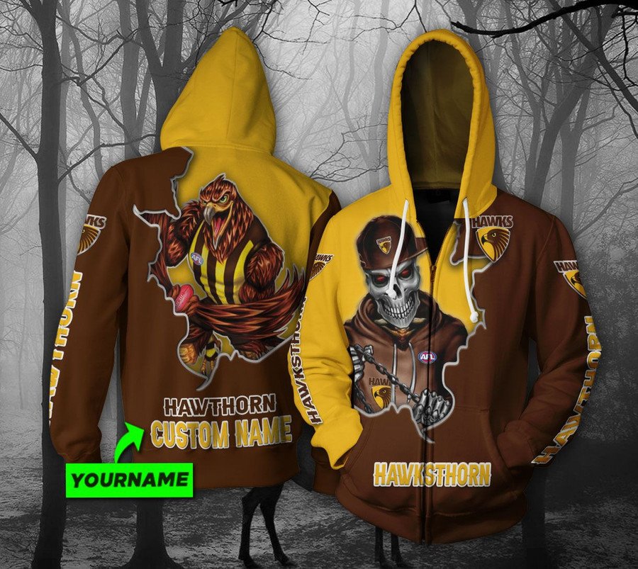 Afl Hawthorn Hawks Custom Name Mascot Skull Zip Up Hoodie