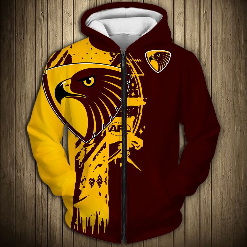 Afl Hawthorn Hawks Brown Gold Split Zip Up Hoodie