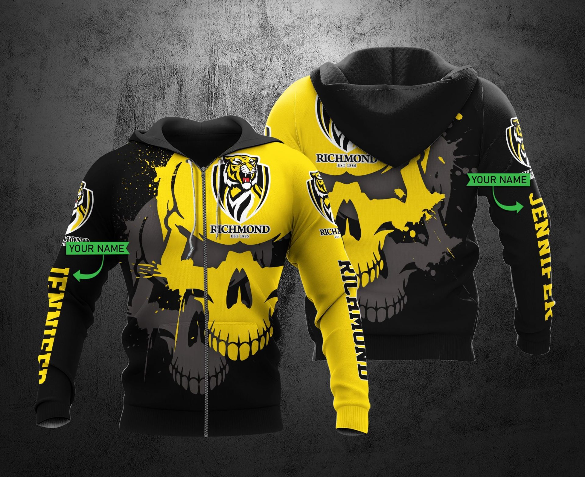 Afl Richmond Tigers Custom Name Skull Zip Up Hoodie