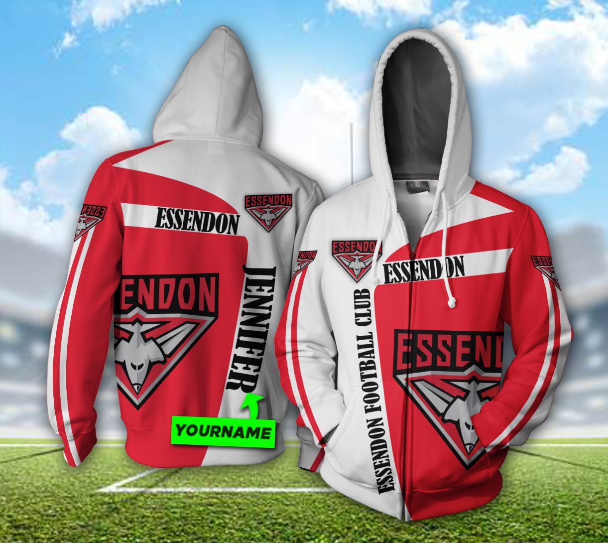 Afl Essendon Bombers Custom Name Red White Zip Up Hoodie