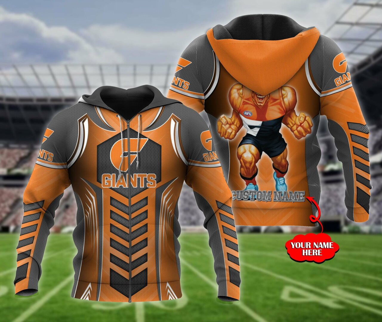 Afl Greater Western Sydney Giants Custom Name Orange Zip Up Hoodie