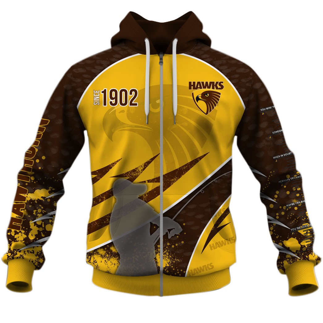 Afl Hawthorn Hawks Custom Name Number Fishing Zip Up Hoodie