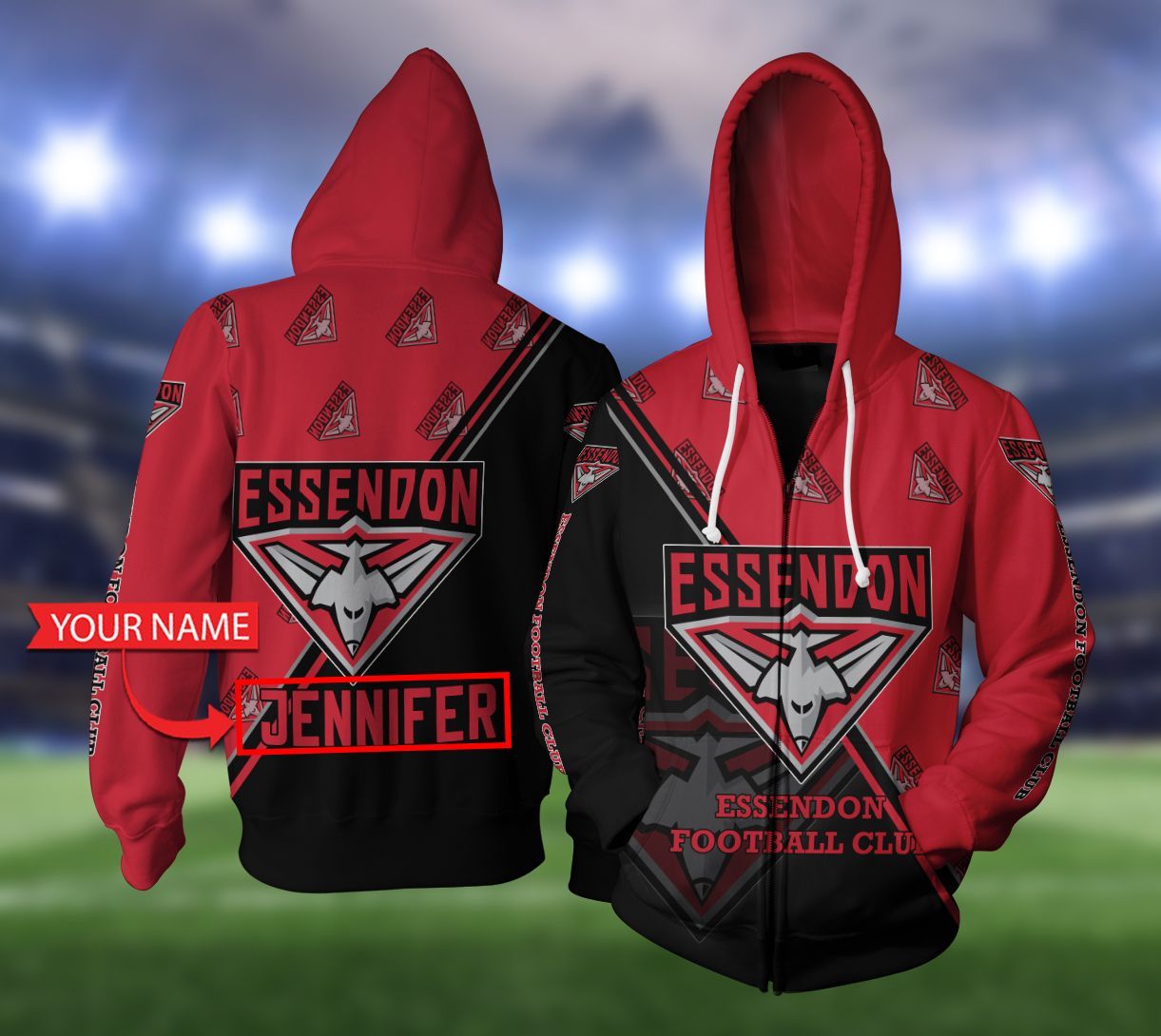 Afl Essendon Bombers Custom Name Red Black Zip Up Hoodie