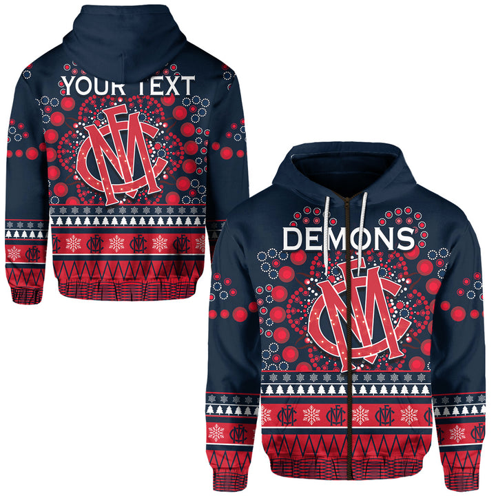Afl Melbourne Demons Custom Text Indigenous Christmas Style Zip Up Hoodie