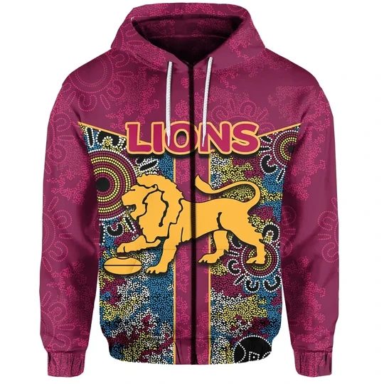 Afl Brisbane Lions Custom Text Indigenous Style Zip Up Hoodie