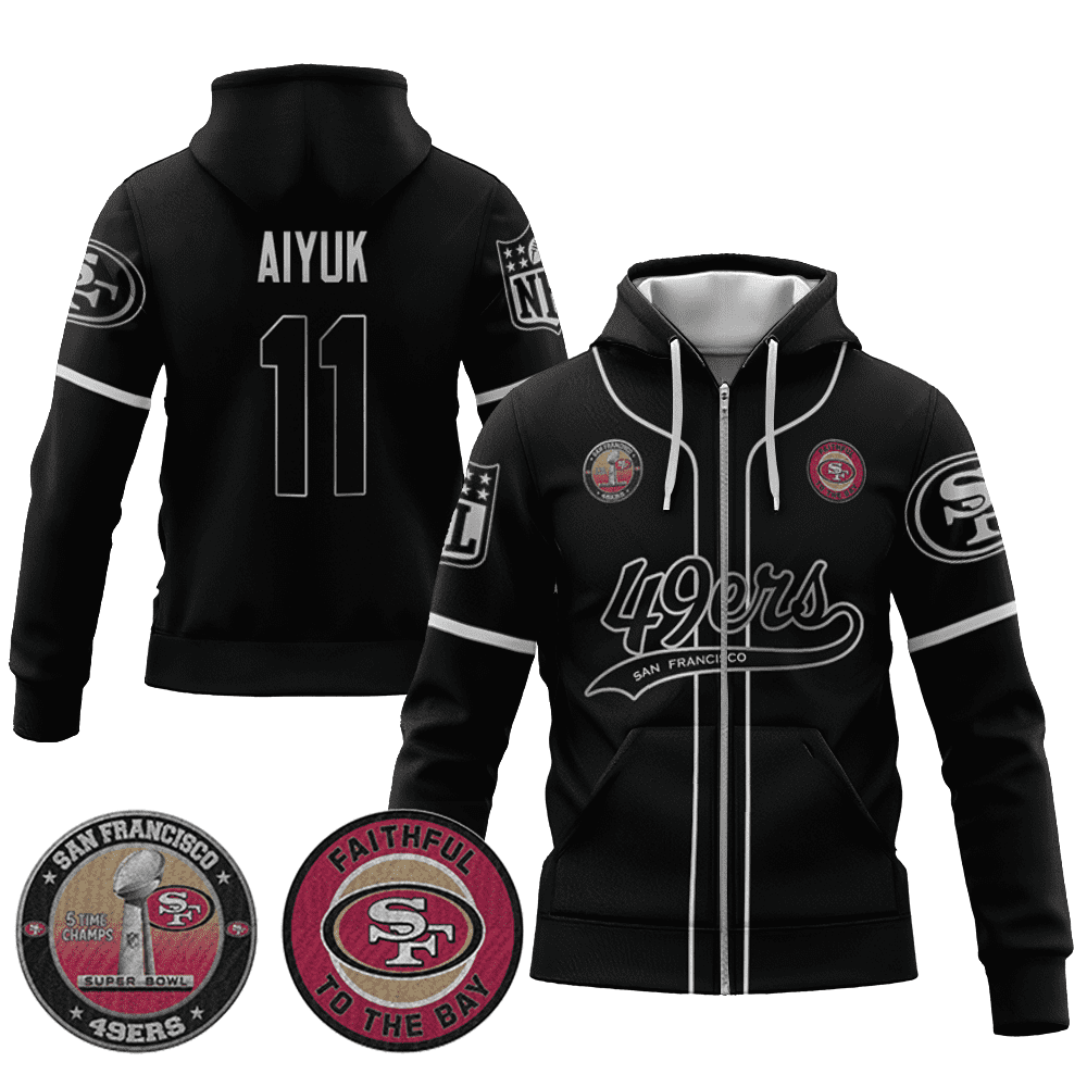 Brandon Aiyuk 11 49Ers Flex Base Gold Zip Hoodie Black Silver
