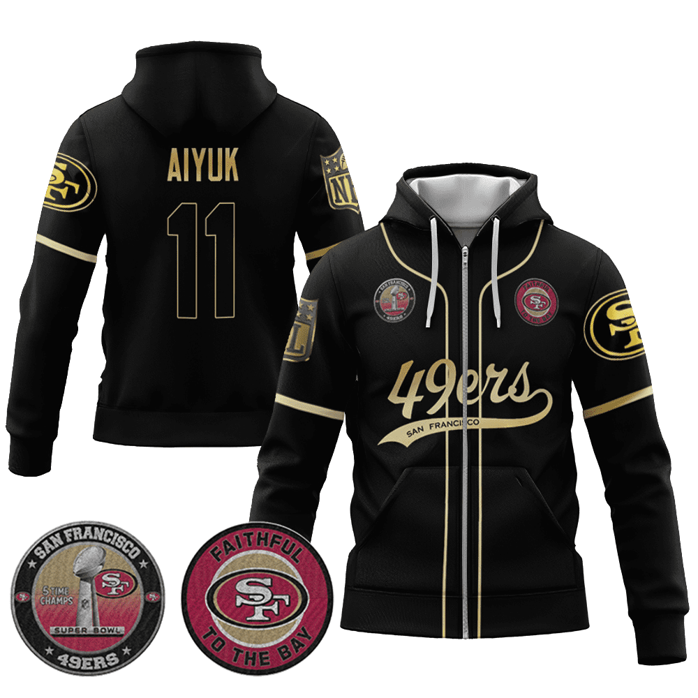 Brandon Aiyuk 11 49Ers Flex Base Gold Zip Hoodie Black Gold