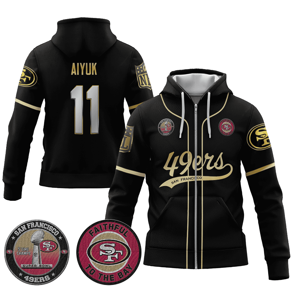 Brandon Aiyuk 11 49Ers Flex Base Gold Zip Hoodie Black Limited
