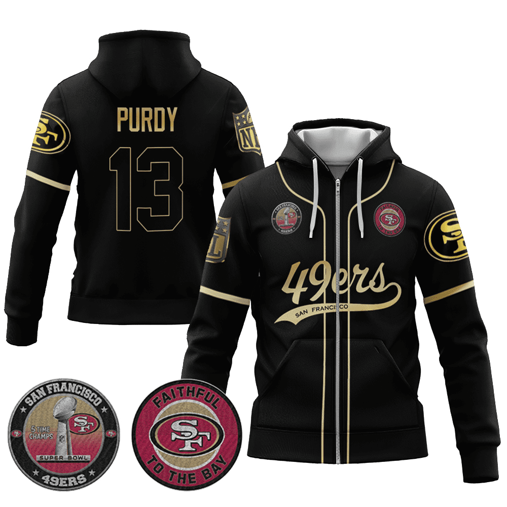 Brock Purdy 13 49Ers Flex Base Gold Zip Hoodie Black Gold