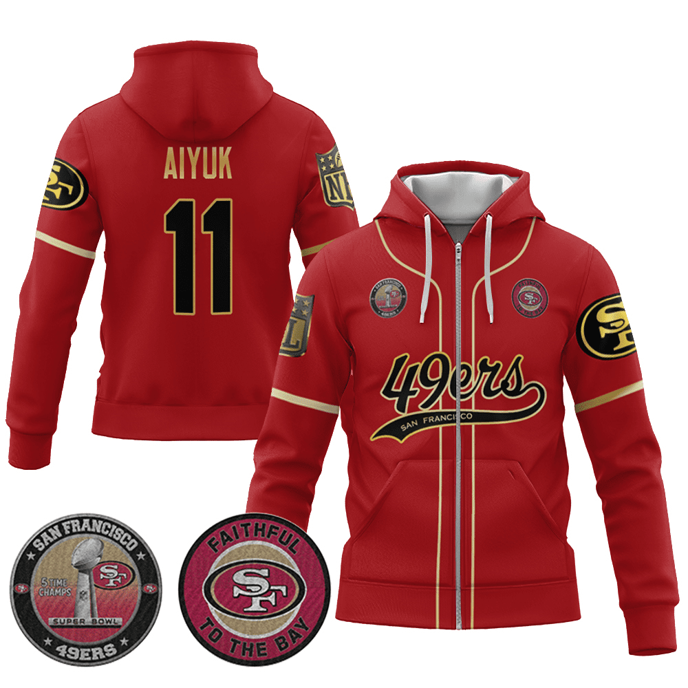 Brandon Aiyuk 11 49Ers Flex Base Gold Zip Hoodie Black Red
