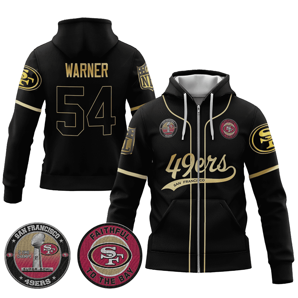 Fred Warner 54 49Ers Flex Base Gold Zip Hoodie Black Gold
