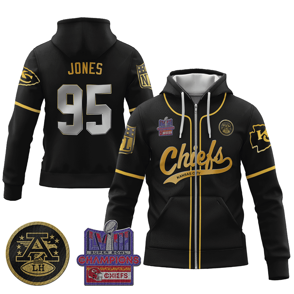 Chris Jones 95 Chiefs Super Bowl Lviii Champion Black Gold Zip Hoodie