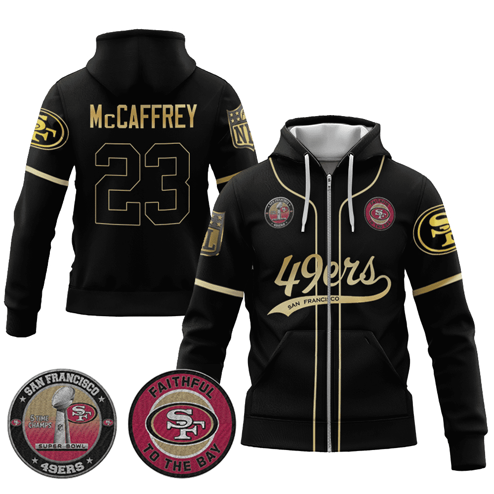 Christian Mccaffrey 23 49Ers Flex Base Gold Zip Hoodie Black Gold