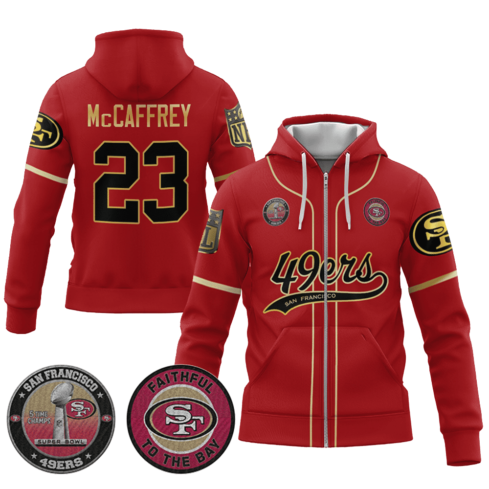 Christian Mccaffrey 23 49Ers Flex Base Gold Zip Hoodie Black Red