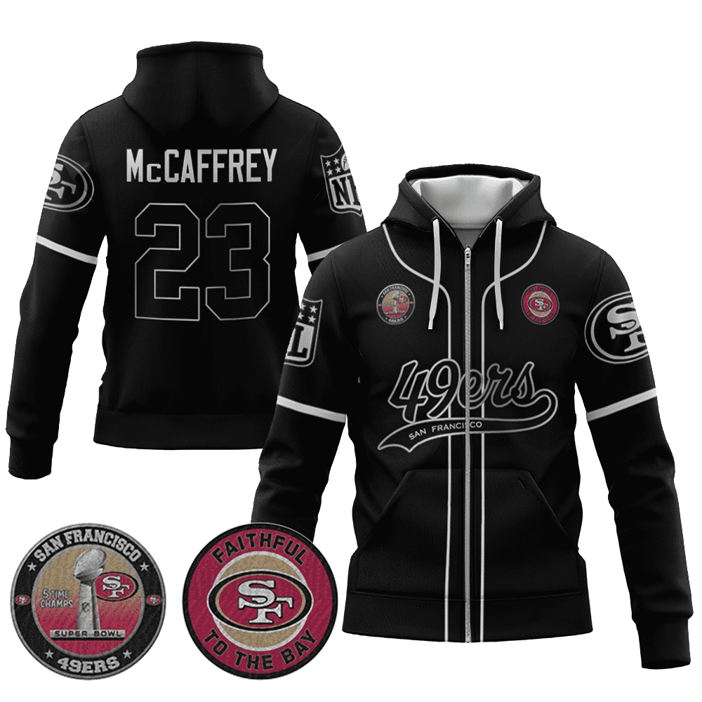 Christian Mccaffrey 23 49Ers Flex Base Gold Zip Hoodie Black Silver