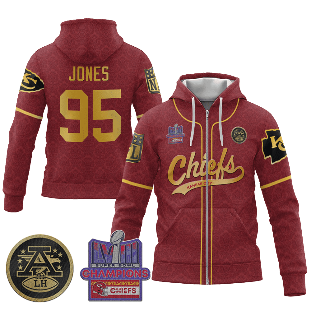 Chris Jones 95 Kansas City Chiefs Super Bowl Lviii Champion Red Gold Zip Hoodie