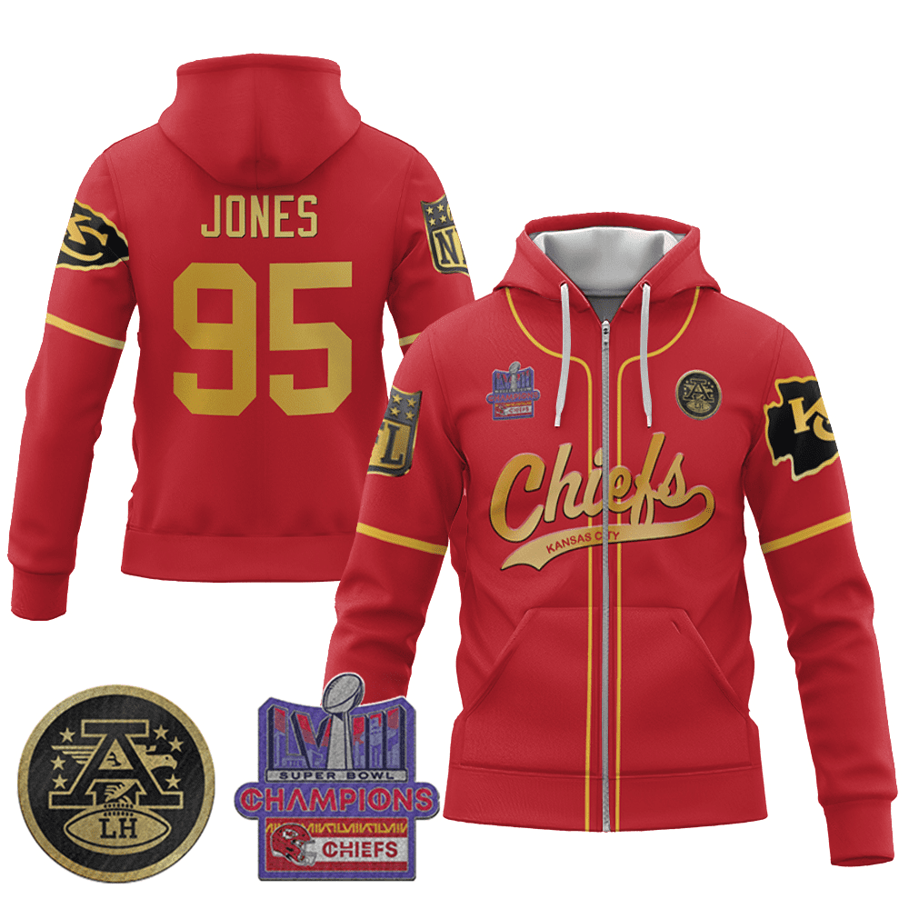 Chris Jones 95 Chiefs Super Bowl Lviii Champion Classic Red Gold Zip Hoodie