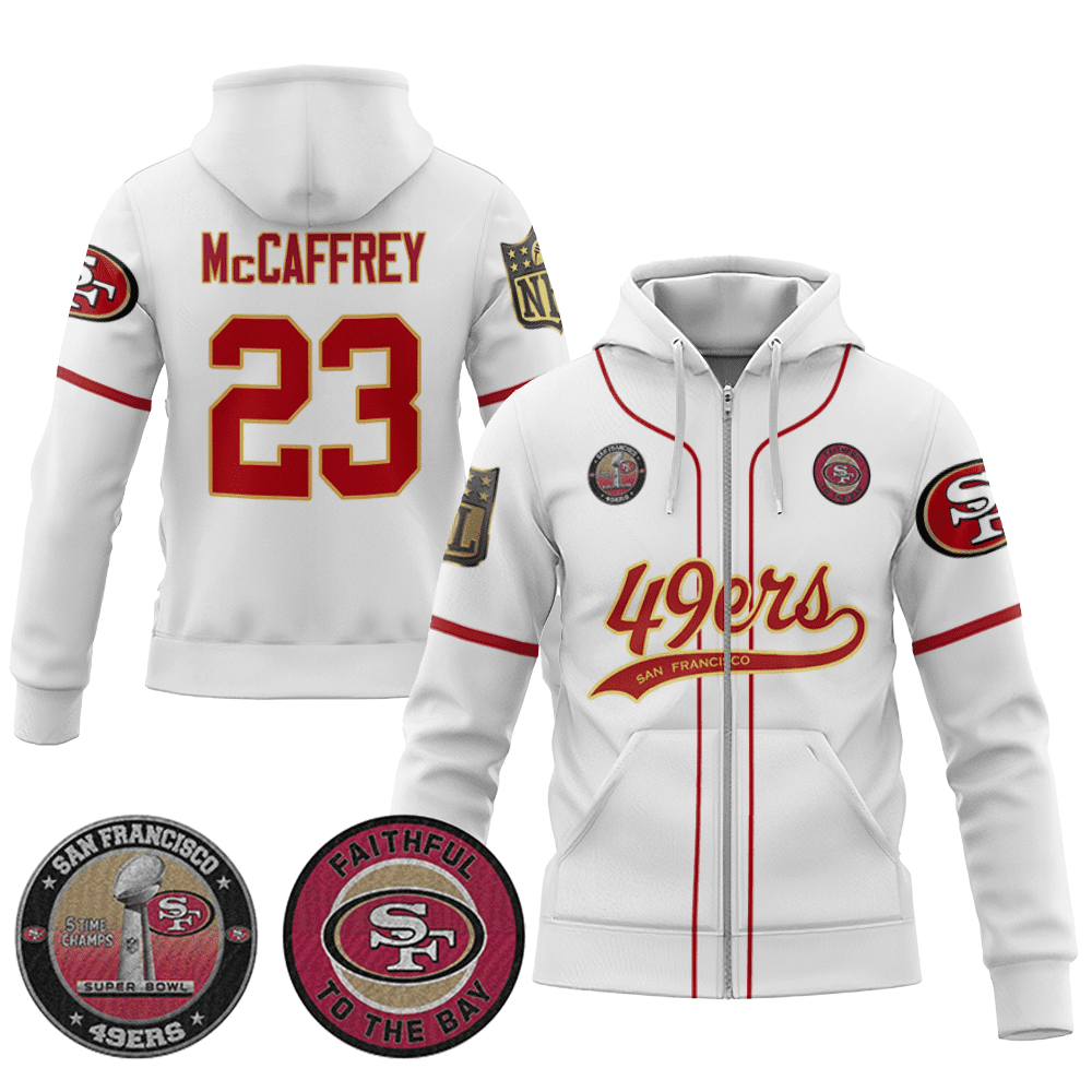 Christian Mccaffrey 23 49Ers Flex Base Gold Zip Hoodie White