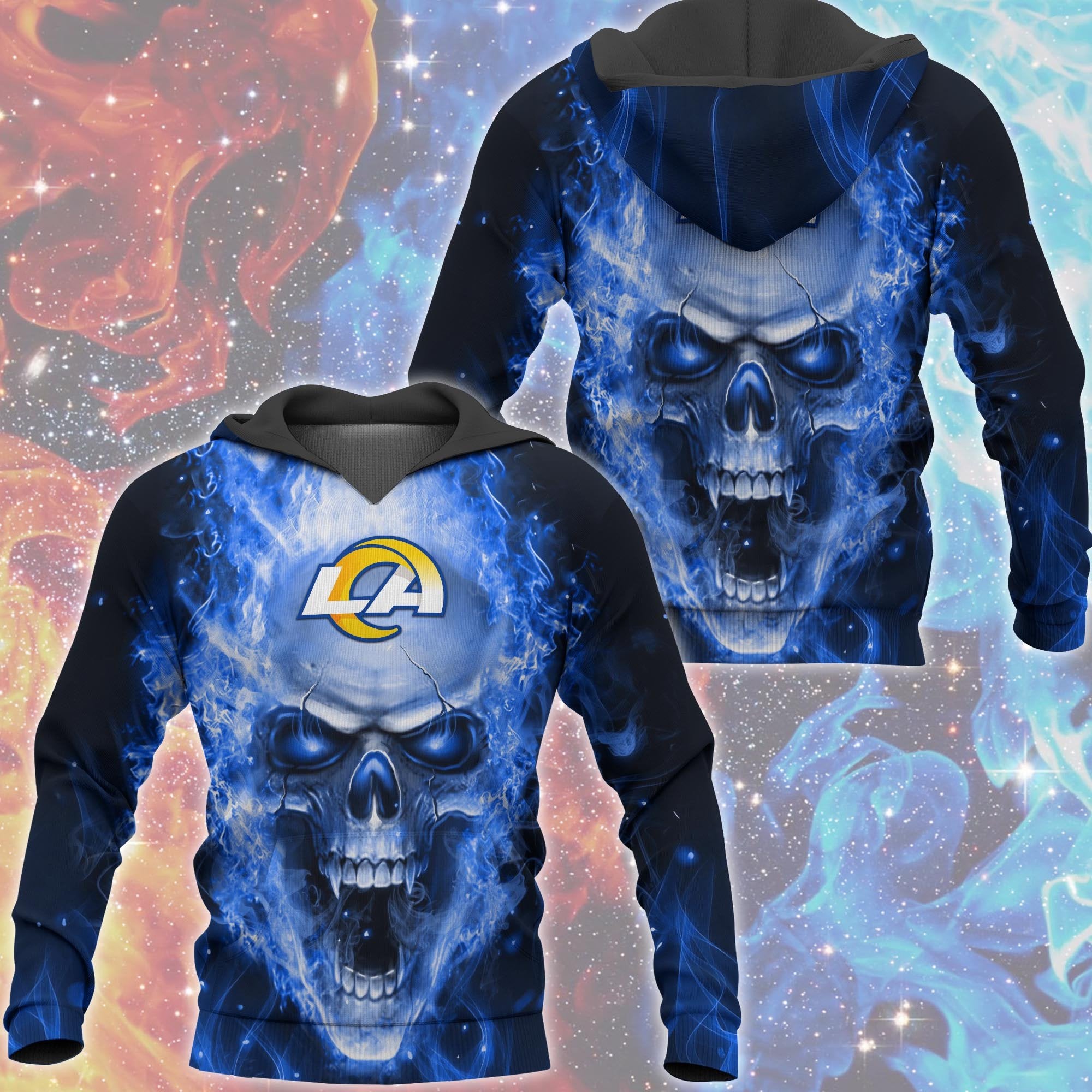 Los Angeles Rams Skull Hoodies 3D With Zipper Pullover