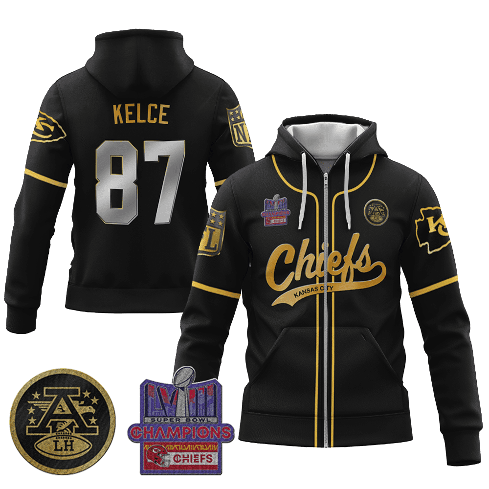 Travis Kelce 87 Chiefs Super Bowl Lviii Champion Black Gold Zip Hoodie