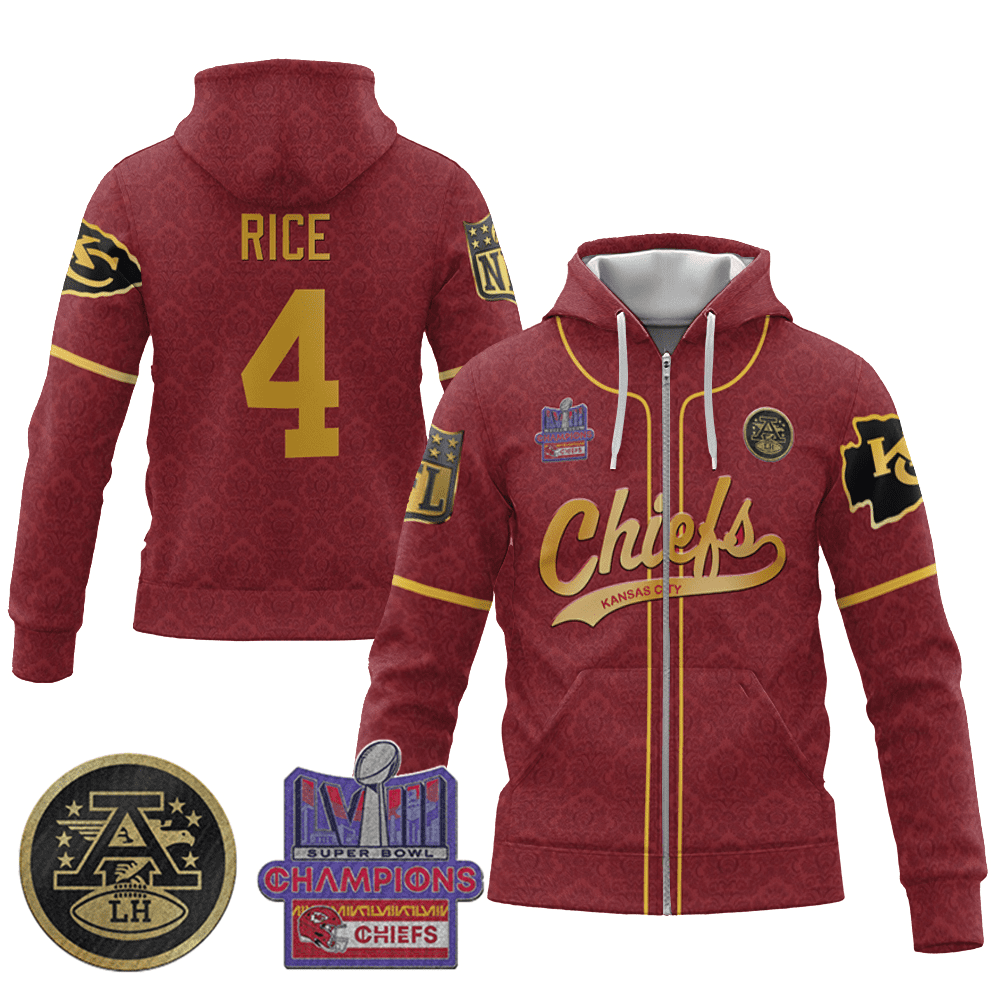 Rashee Rice 4 Kansas City Chiefs Super Bowl Lviii Champion Red Gold Zip Hoodie