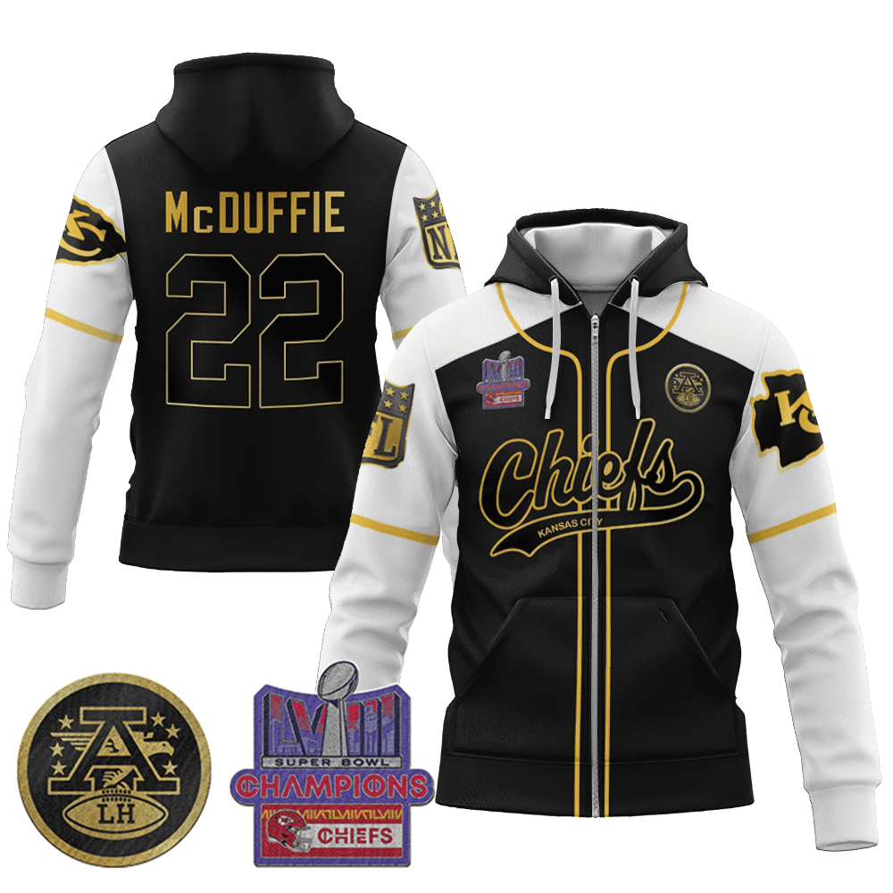 Trent Mcduffie 22 Chiefs Super Bowl Lviii Champion Classic Black Gold Zip Hoodie