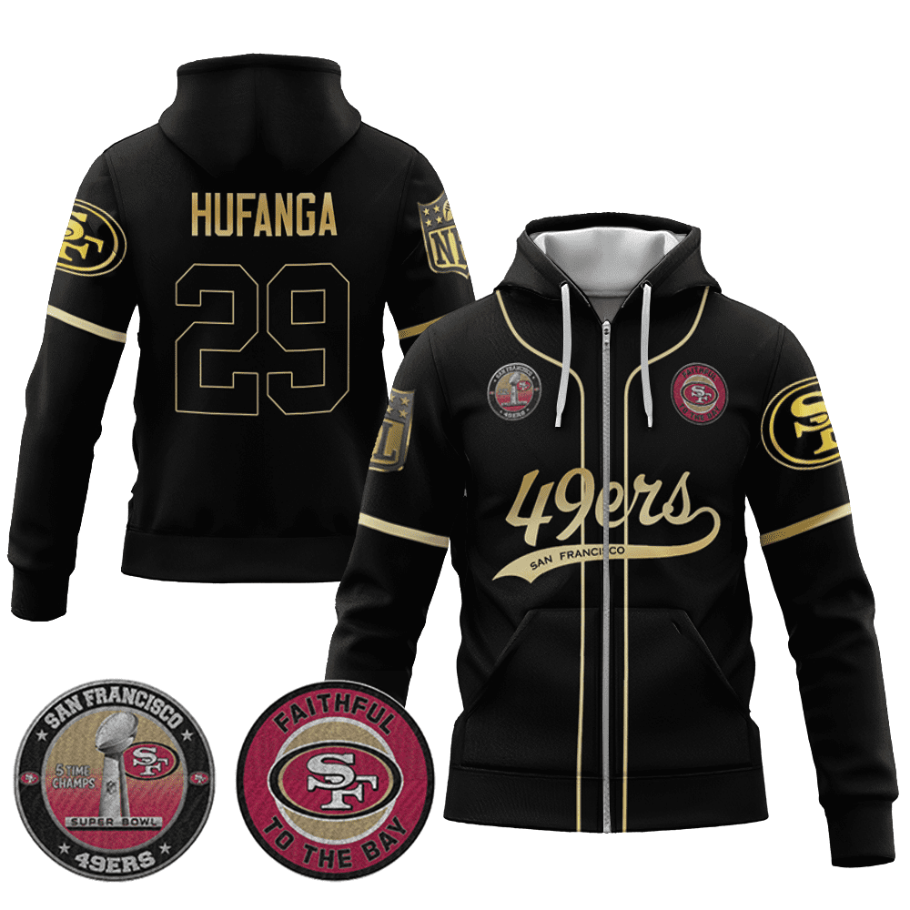 Talanoa Hufanga 29 49Ers Flex Base Gold Zip Hoodie Black Gold