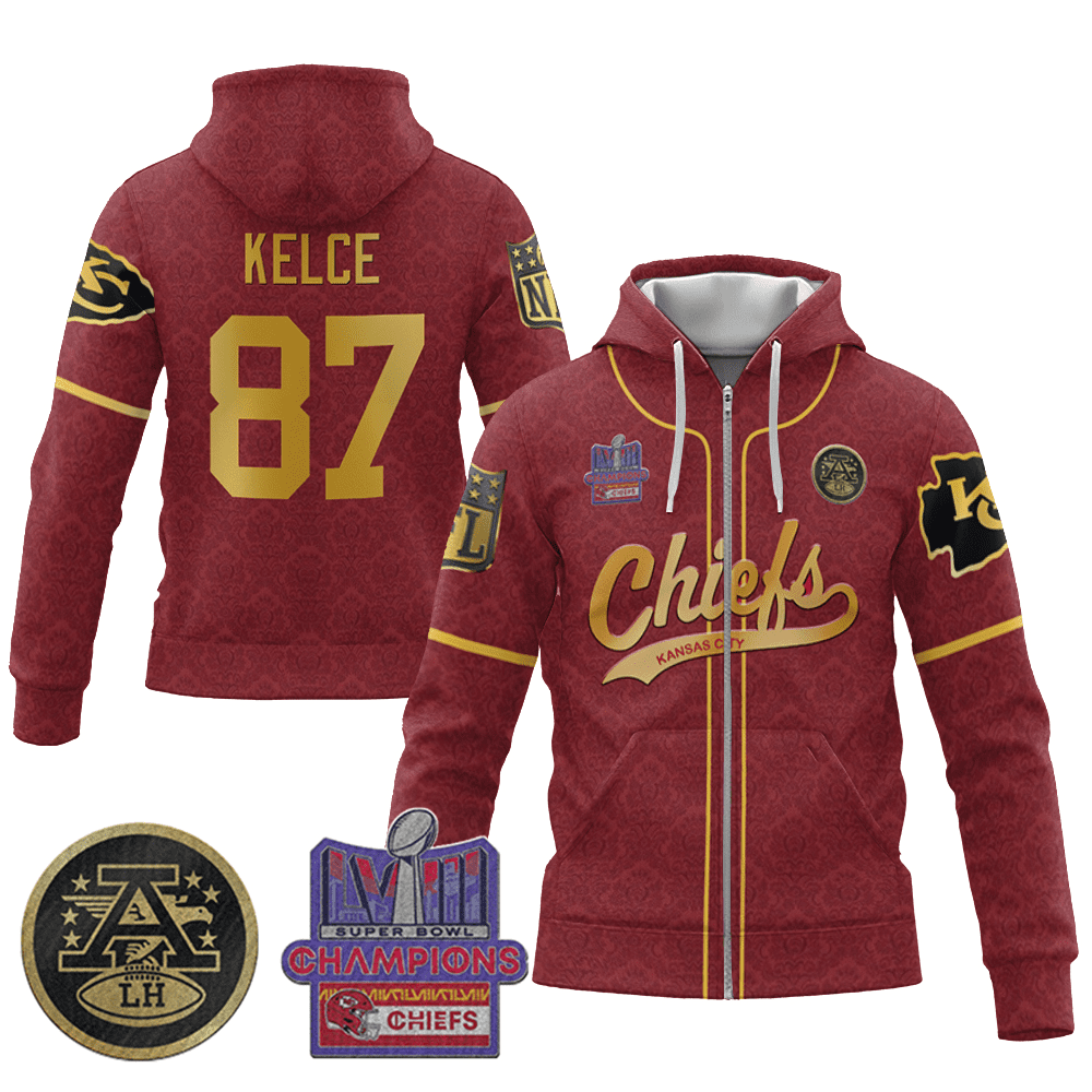 Travis Kelce 87 Kansas City Chiefs Super Bowl Lviii Champion Red Gold Zip Hoodie